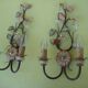 Pair of sconces, patinated metal sheets, glass flowers, 70s