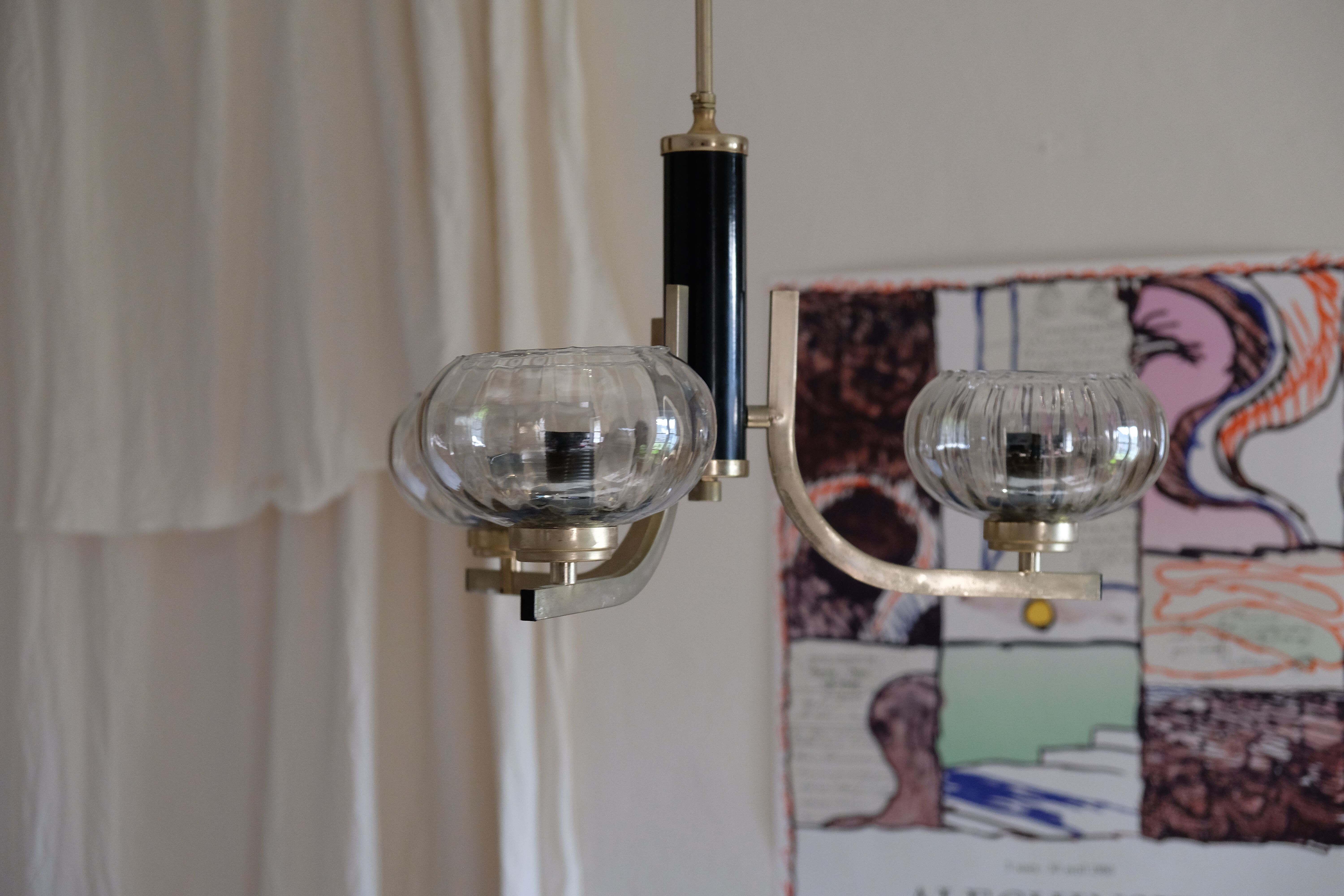 Smoky glass, brass and steel ceiling light