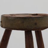 Brutalist French 1850s solid oak tripod stools with metal rim, set of 4