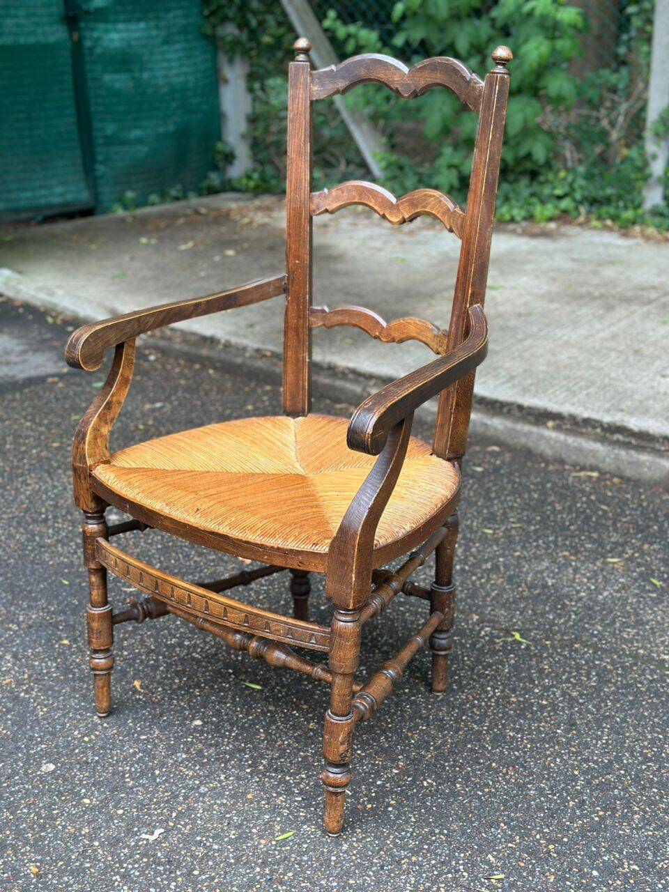 19th-century solid wood straw chair 111cm