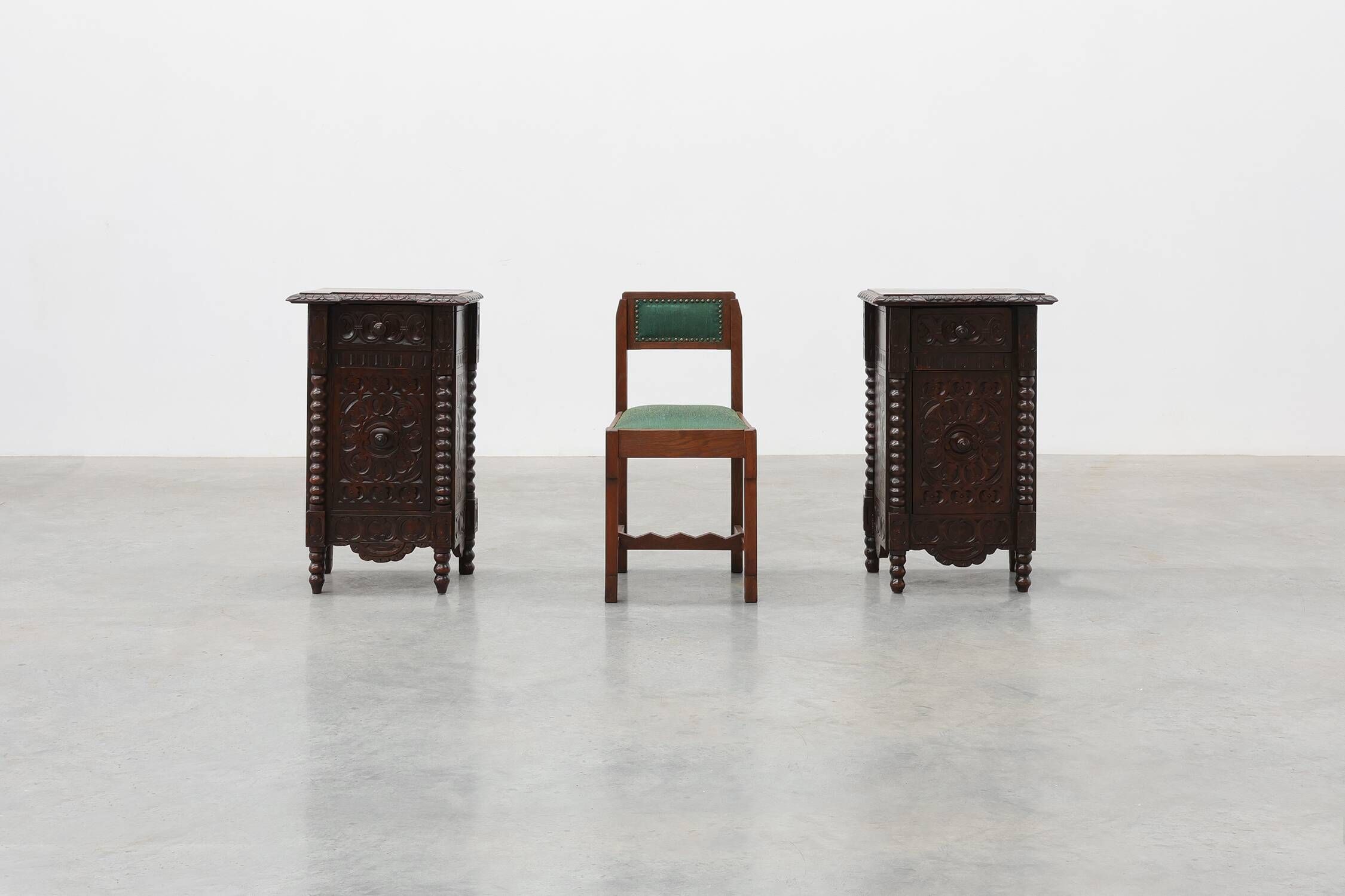 Pair of Breton Carved Oak Bedside Cabinets, France, circa 1900