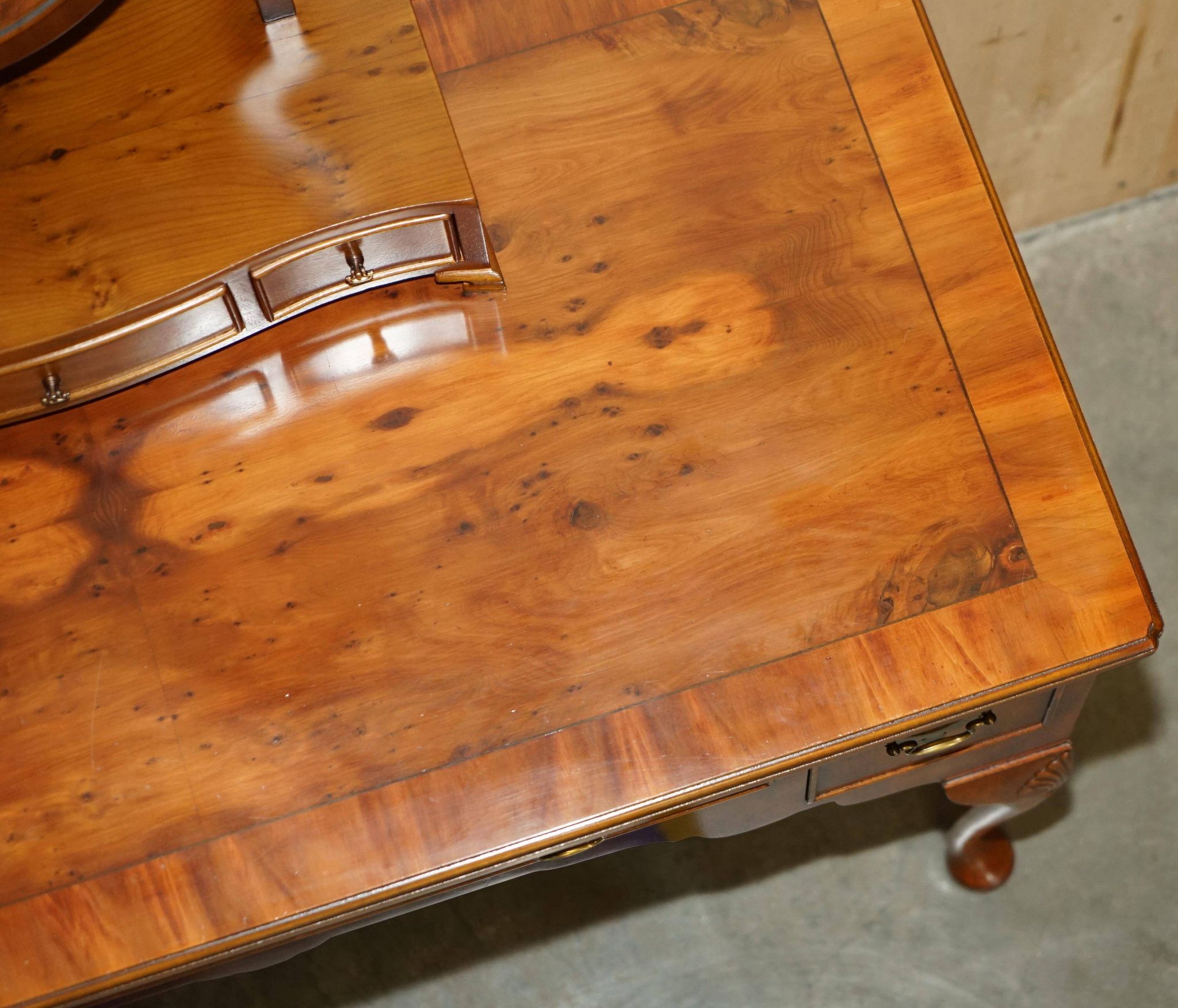 Vintage English walnut burr dressing table with mirror and chair.