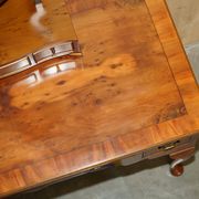 Vintage English walnut burr dressing table with mirror and chair.