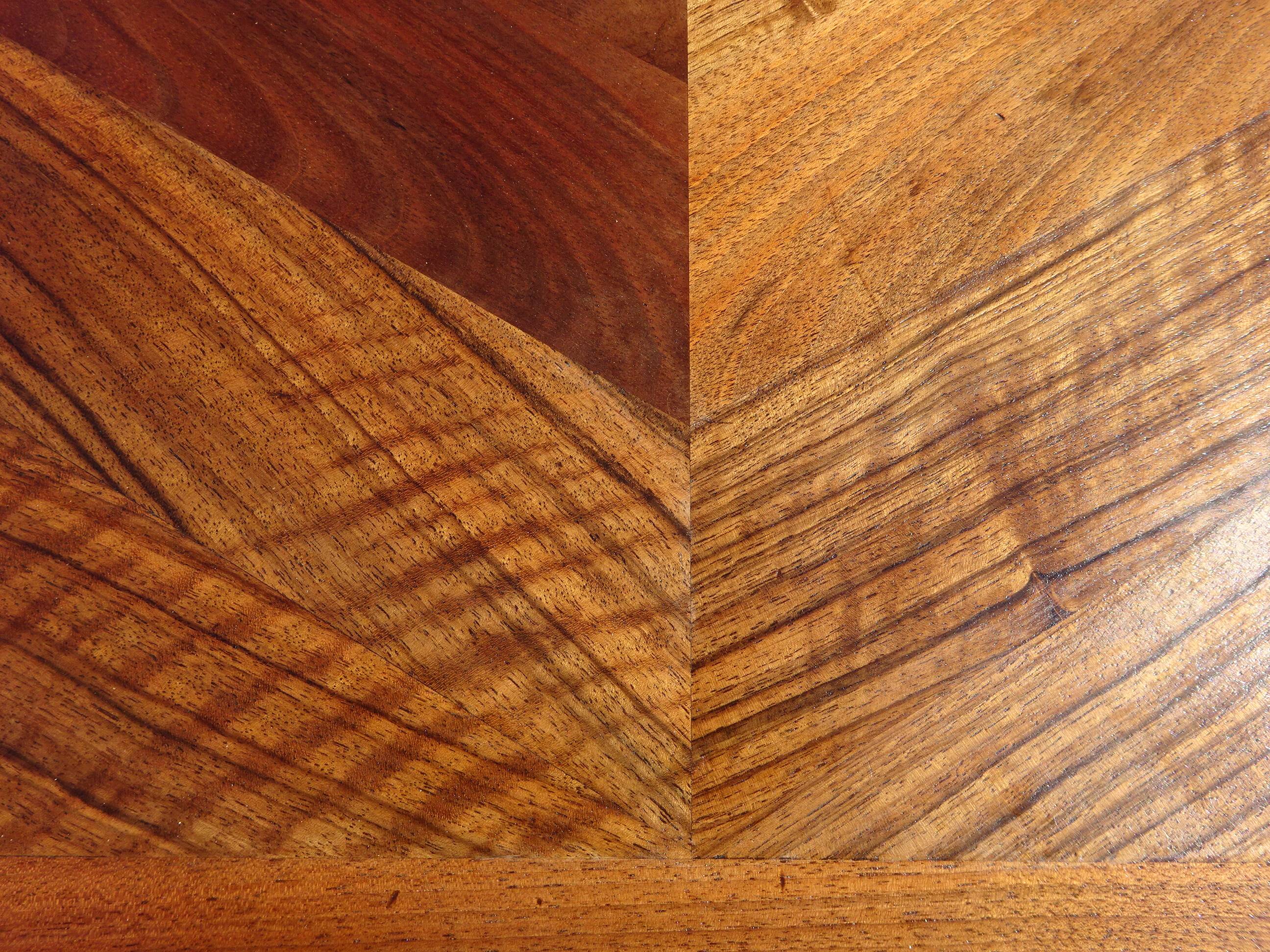 Antique solid walnut table with marquetry and extensions.