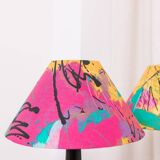 Pair of Memphis Pop Art Table Lamps, Multicolored Fabric Shades, Black Lacquered Bases - Belgian Massive, 1980s