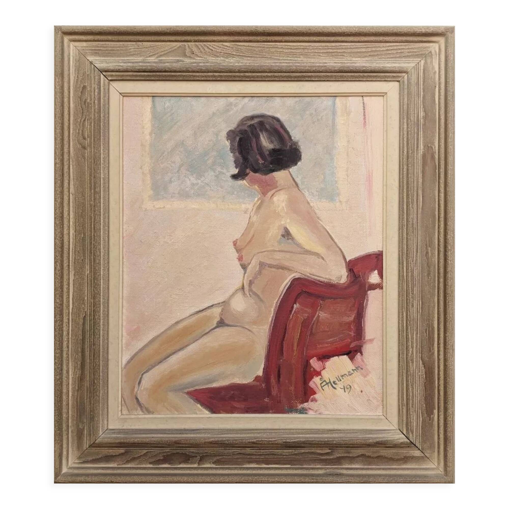 1949 Mid-Century Modern "Gaze Away" Swedish Nude Portrait Oil Painting, Framed