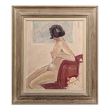 1949 Mid-Century Modern "Gaze Away" Swedish Nude Portrait Oil Painting, Framed