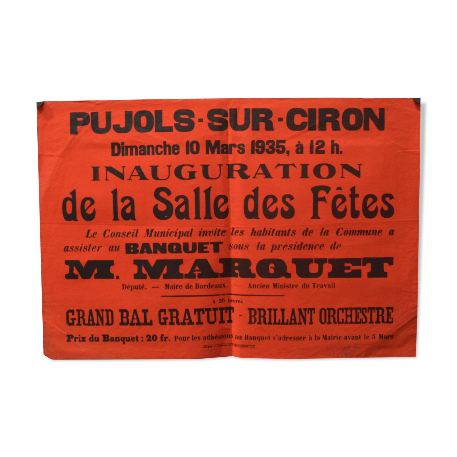 Poster "Inauguration Holiday Hall" - Pujols-sur-Ciron - 1935