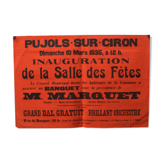 Poster "Inauguration Holiday Hall" - Pujols-sur-Ciron - 1935