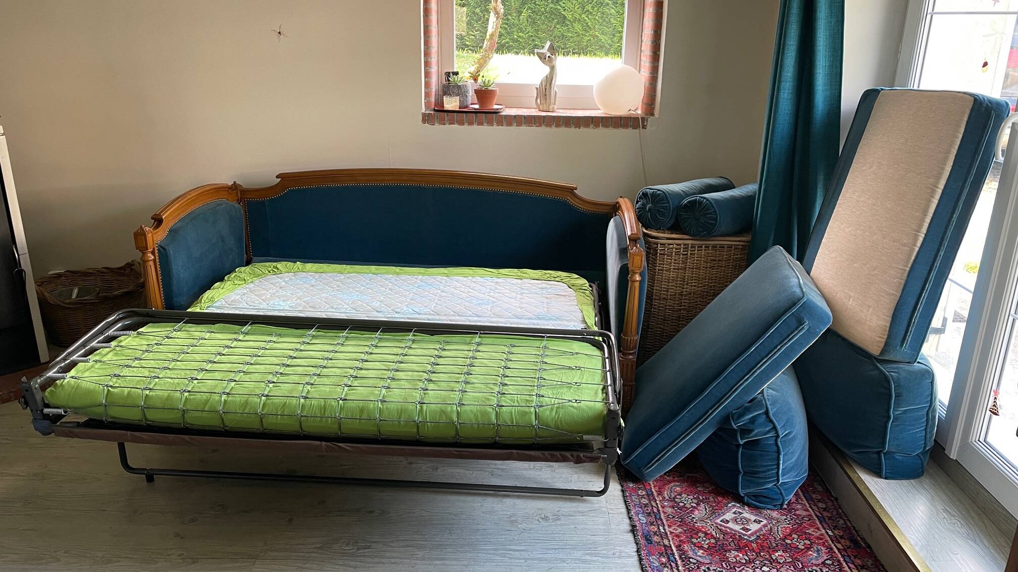 Jean Roche Vintage Wood and Velvet Sofa