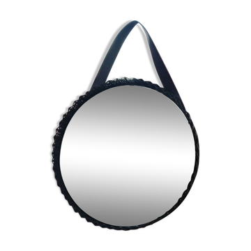 Ancien Miroir en rotin avec Lanière en cuir