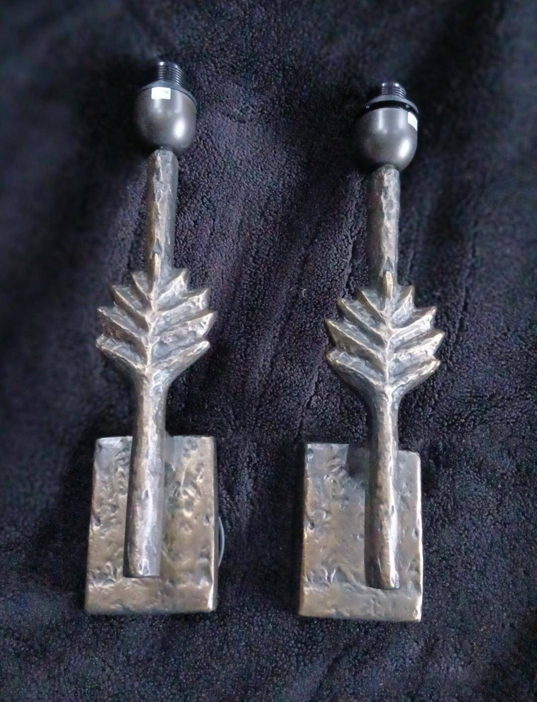Rare Unique Pair of Bronze Wall Lights with Leaf Design by Lucien Gau Folio