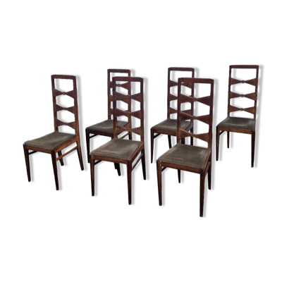 Suite de 6 chaises modernistes en chêne massif à hauts dossiers années 50's