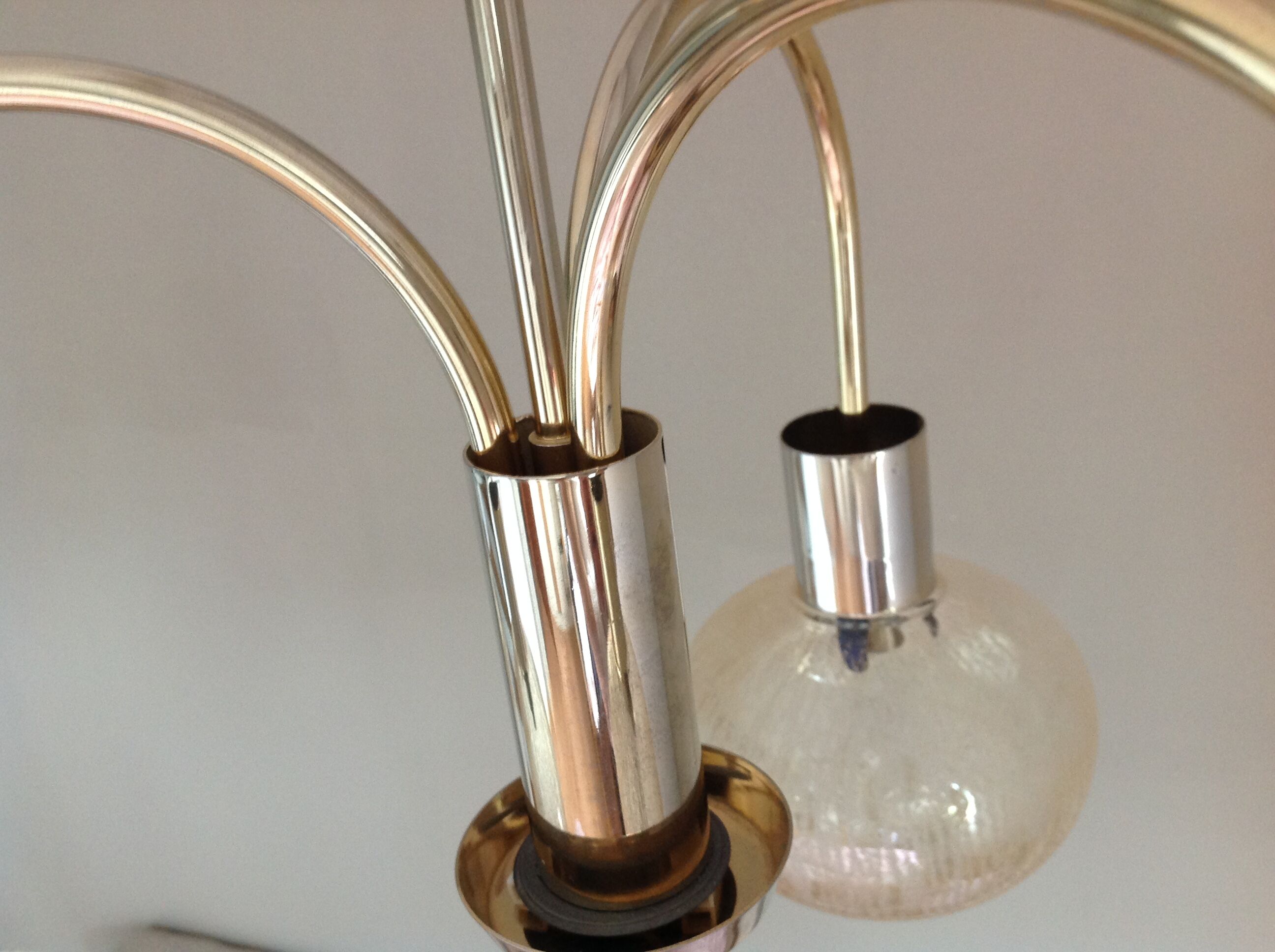 Three-globe brass chandelier in amber/vintage glass 60s-70s