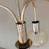 Three-globe brass chandelier in amber/vintage glass 60s-70s