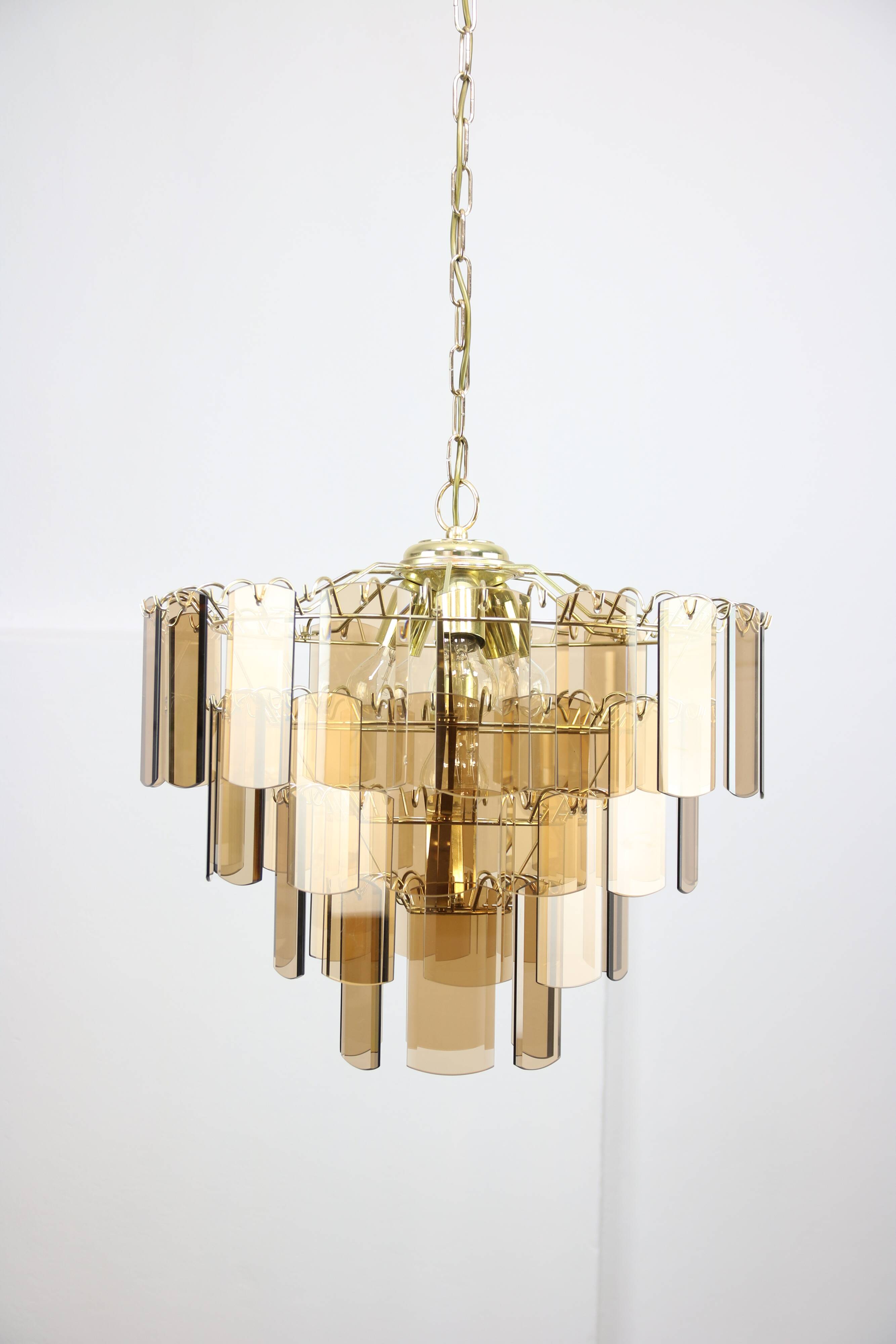 Vintage Veca Chandelier: Italian 1970s Smoked Glass & Brass Pendant Lamp