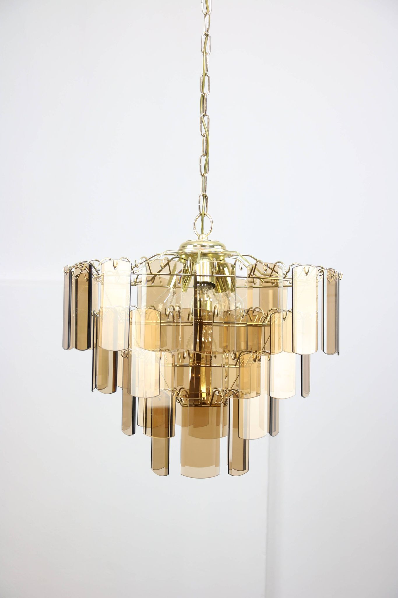 Vintage Veca Chandelier: Italian 1970s Smoked Glass & Brass Pendant Lamp