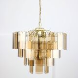 Vintage Veca Chandelier: Italian 1970s Smoked Glass & Brass Pendant Lamp