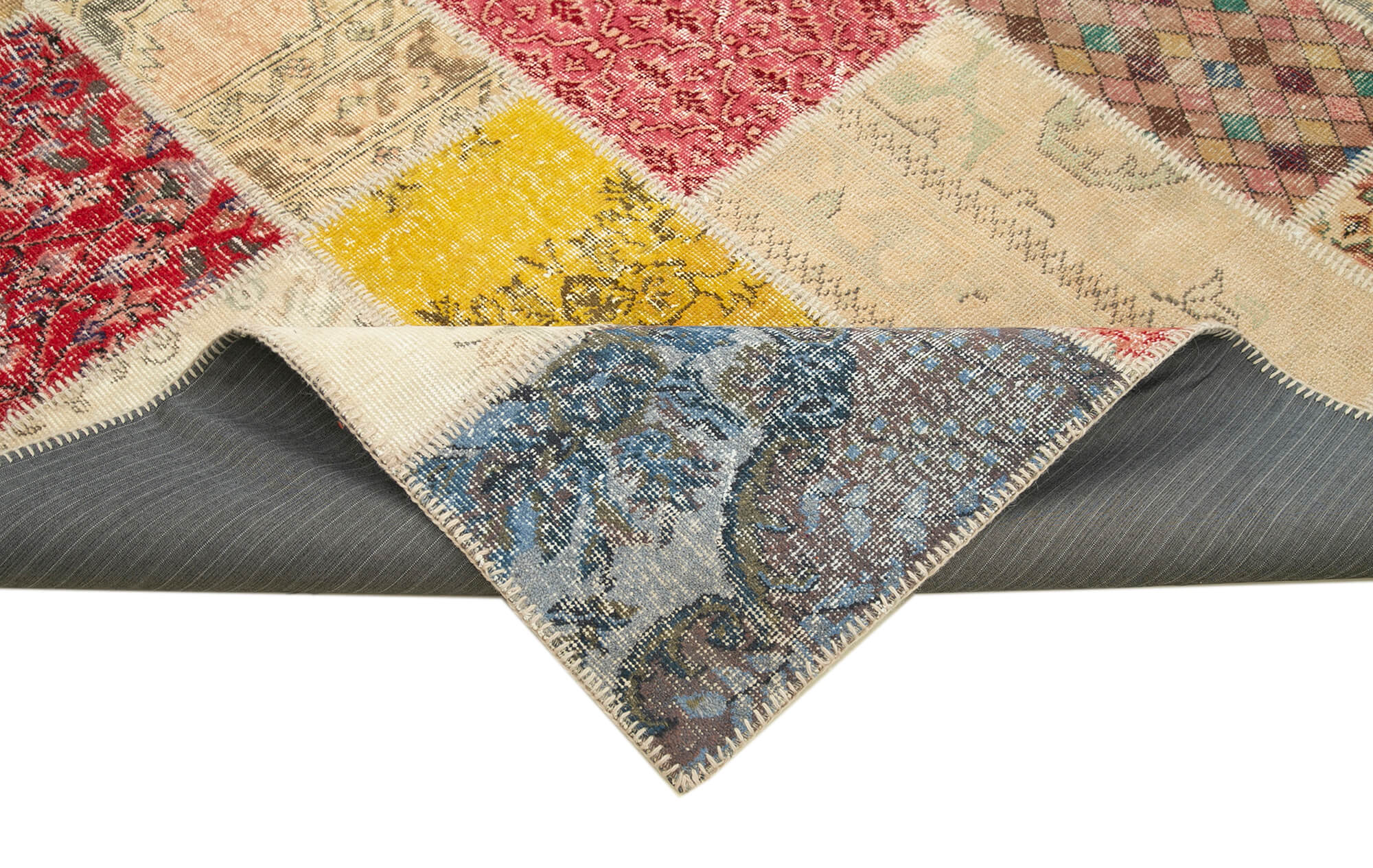 Hand-knotted oriental overdyed 203 cm x 292 cm multicolor patchwork carpet