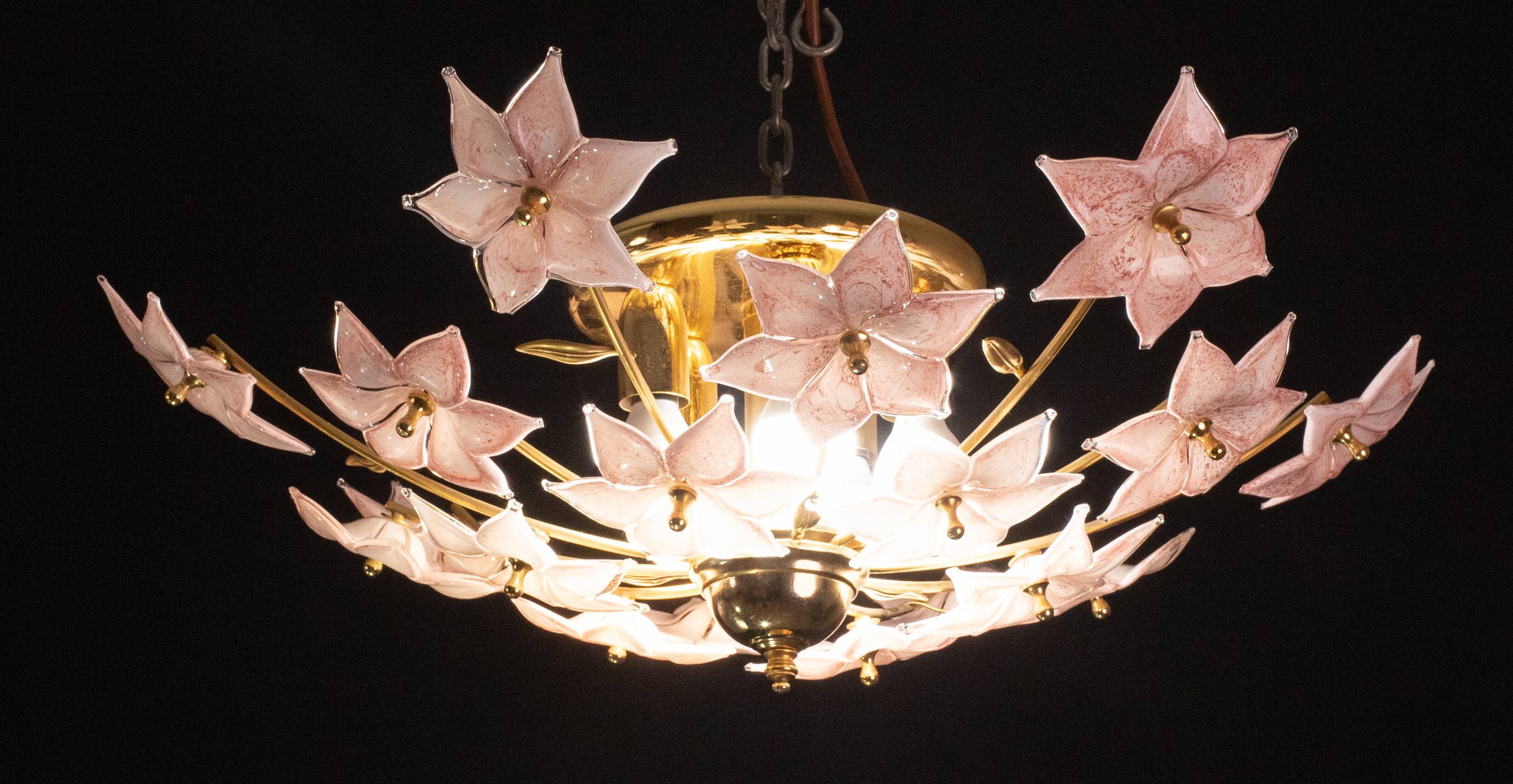 Murano vintage ceiling light pink flowers, 1970s