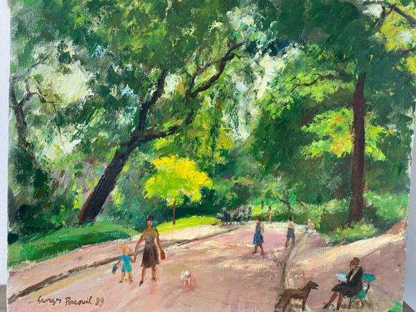 Promenade dans un parc signé daté 1989