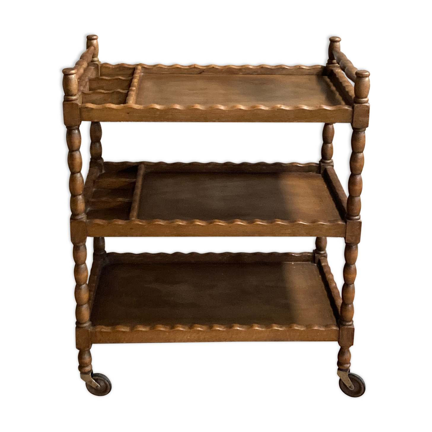 Wooden service turned on old wheels with bottle holder