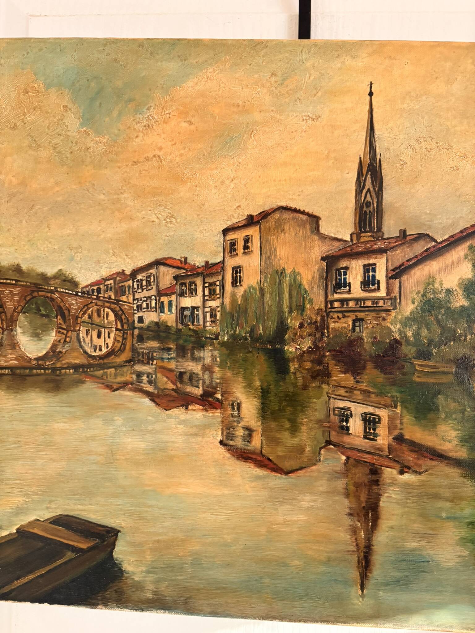Old Oil Painting Canvas Linen River Church Village Bridge Signed D