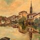 Old Oil Painting Canvas Linen River Church Village Bridge Signed D
