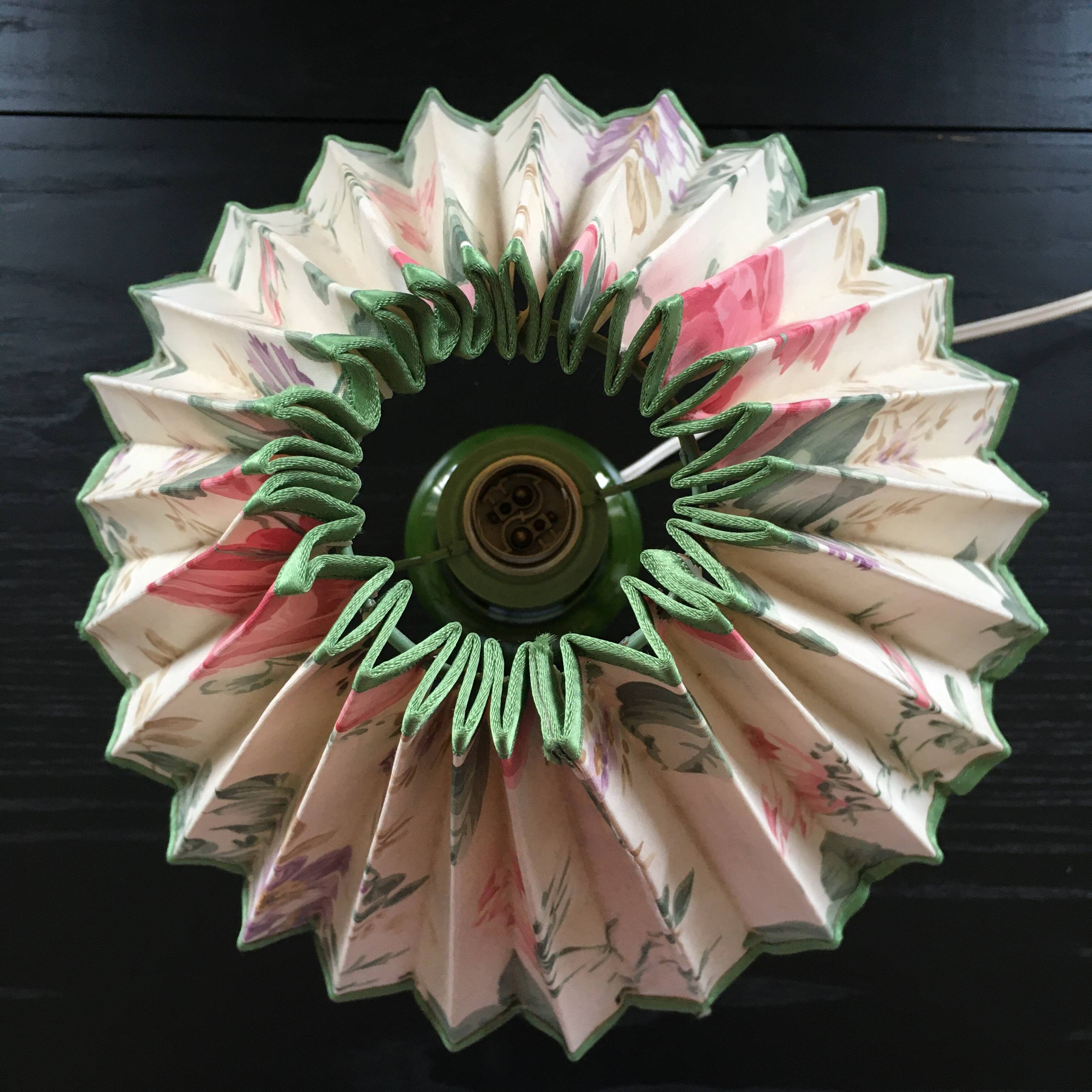 Green ceramic lamp and flowered lampshade