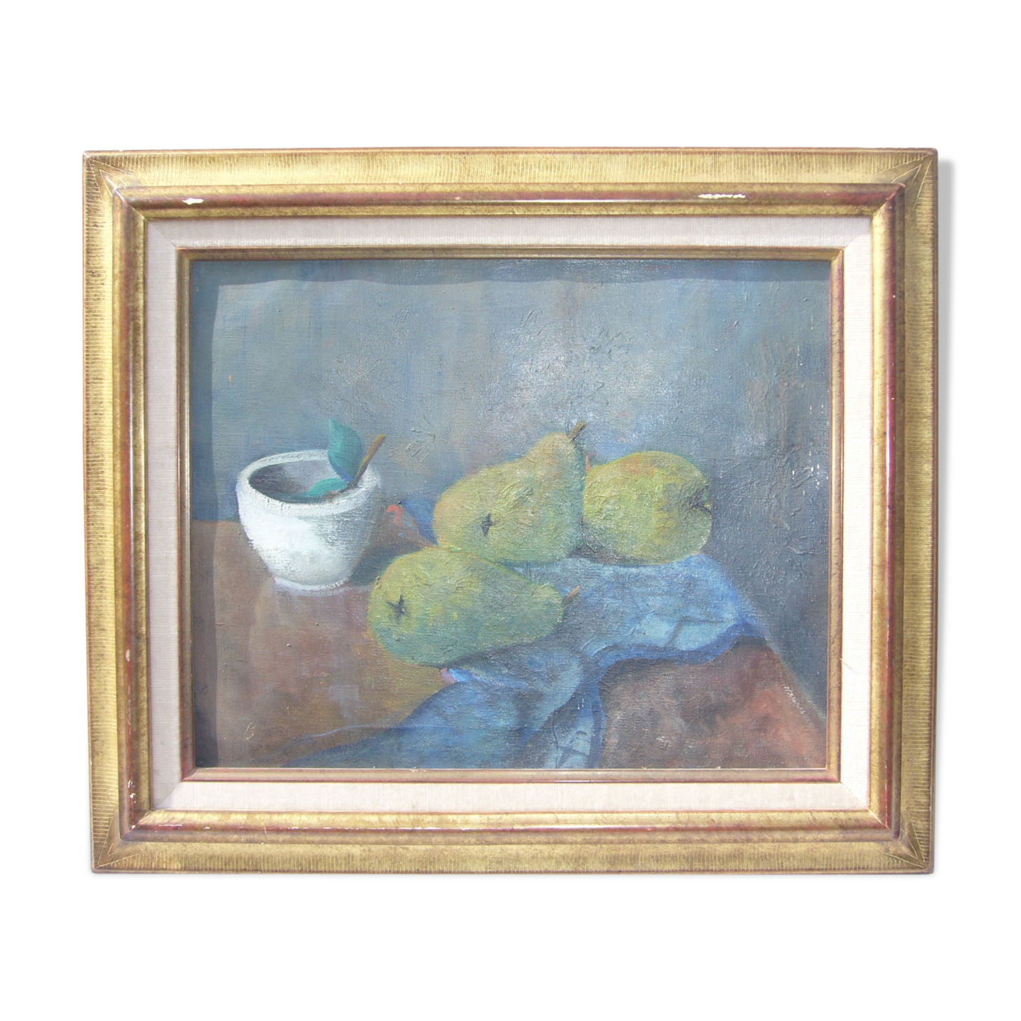 Painted still life painting has oil representing pears