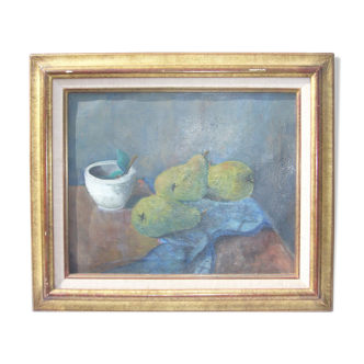 Painted still life painting has oil representing pears