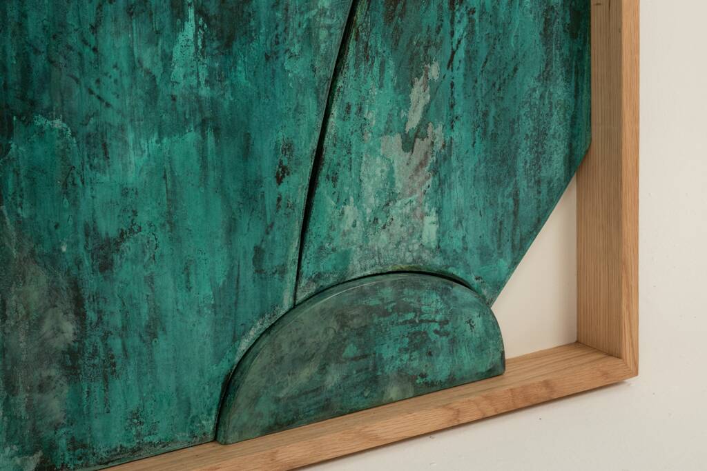 Relief panel "Step out of the frame!" in patinated wood. Contemporary.