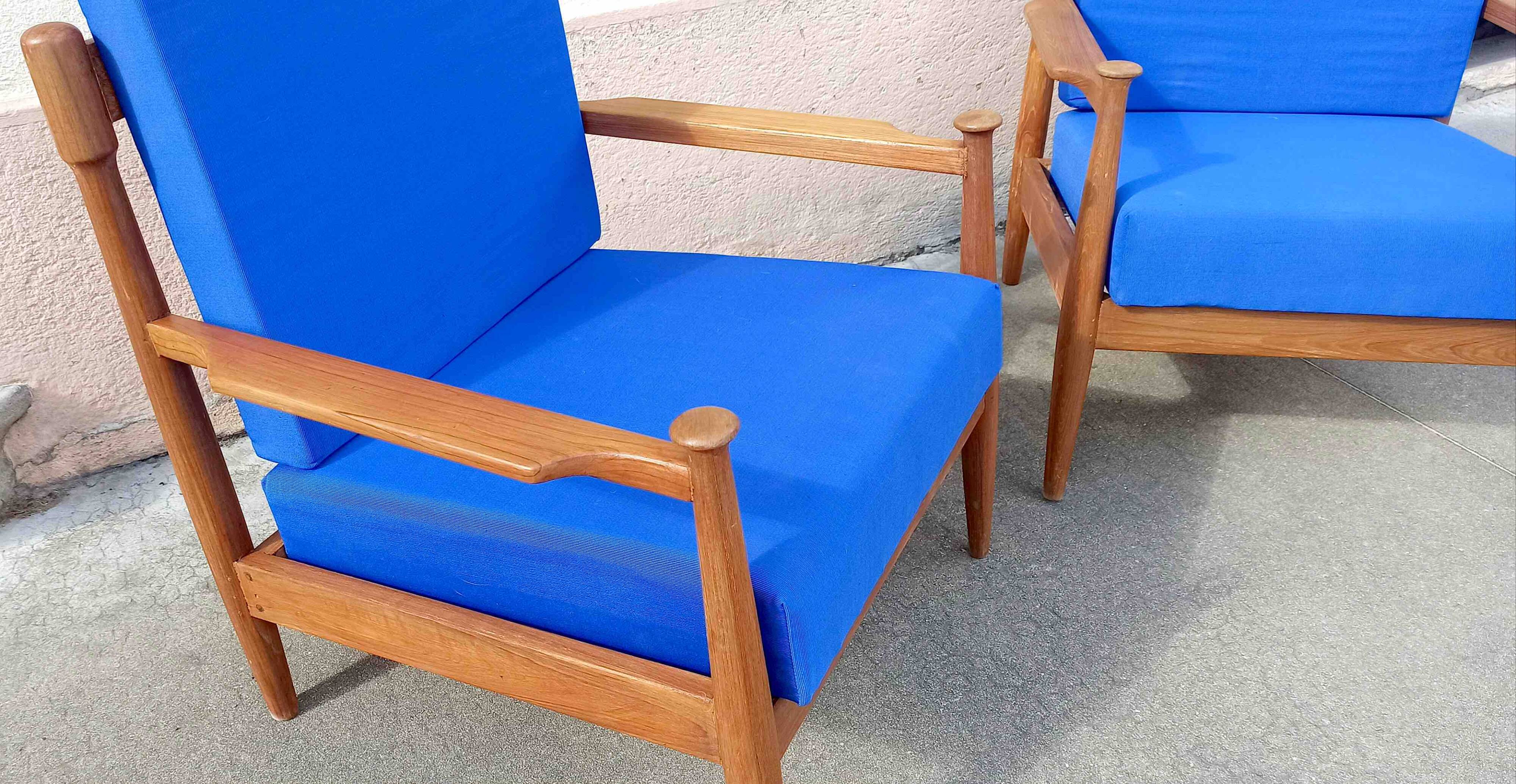 Pair of 1960s Scandinavian armchairs with blue cushions