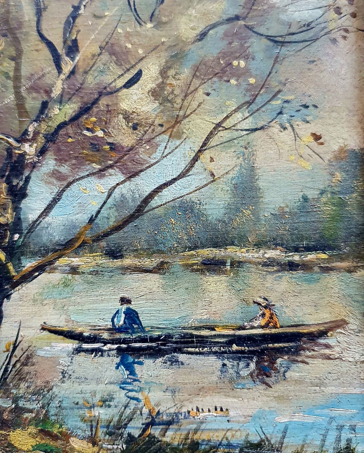 Tableau ancien la promenade en barque Signé Duval