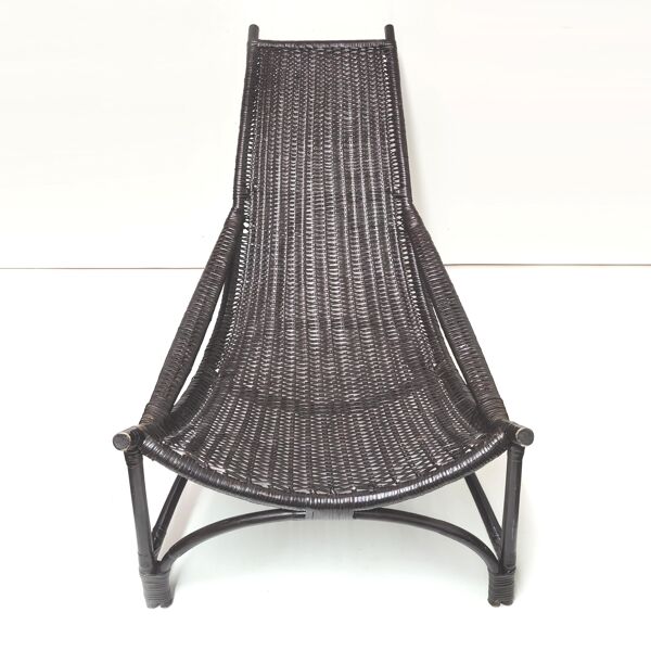 Chaise longue transat vintage en rotin noir