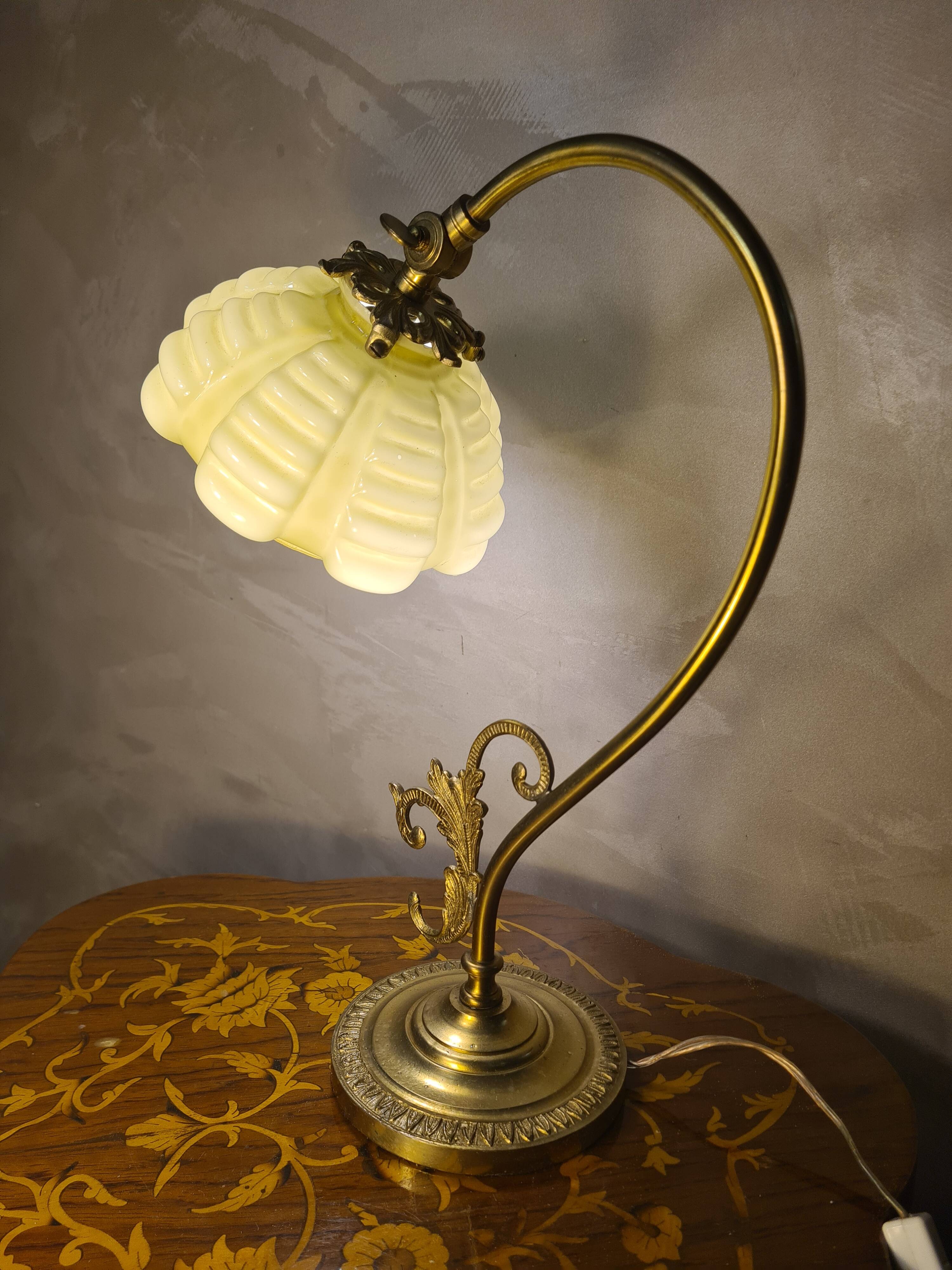 Bronze and brass lamp, opaline shade, 1950.