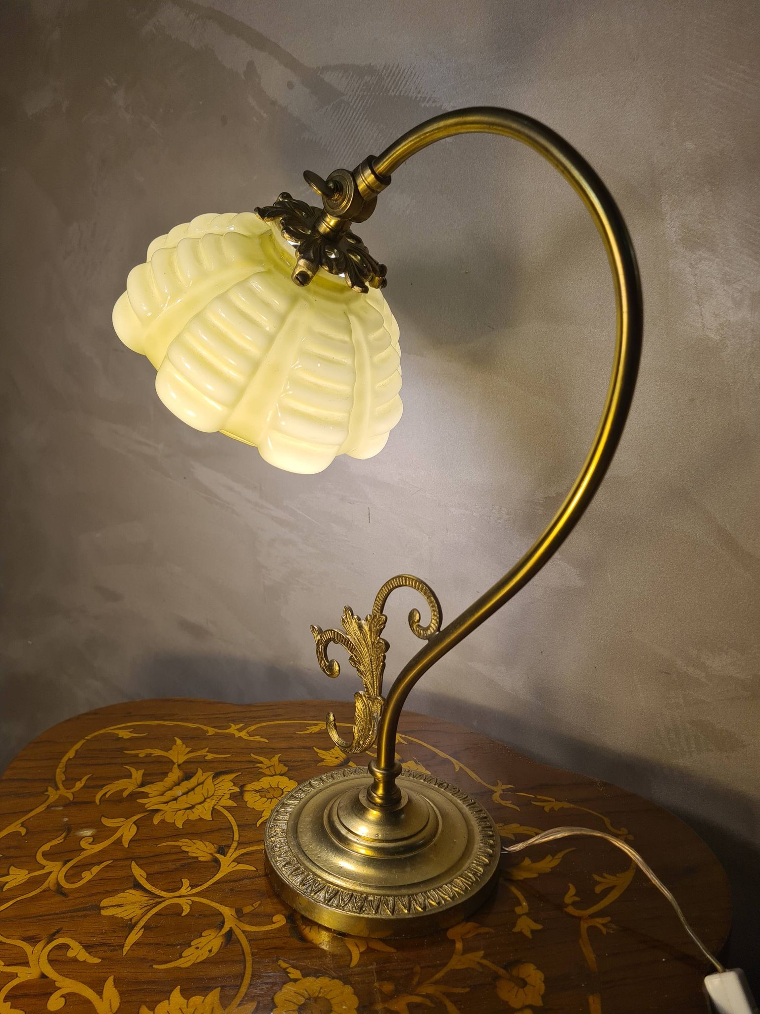 Bronze and brass lamp, opaline shade, 1950.