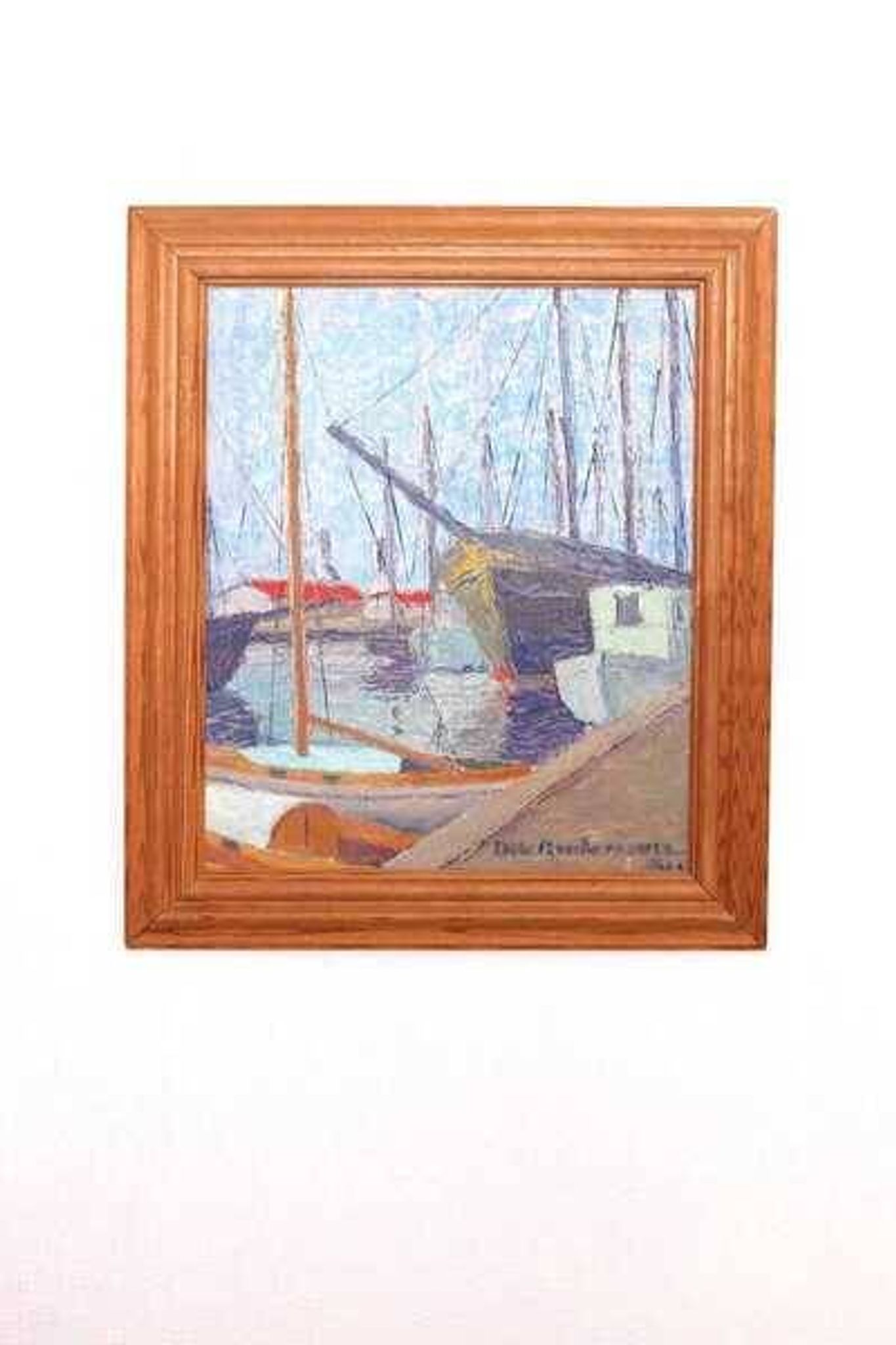 Original Swedish oil on panel – “Moored Boats” by Olle Anderson – vintage & framed – 44 × 51 cm