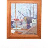 Original Swedish oil on panel – “Moored Boats” by Olle Anderson – vintage & framed – 44 × 51 cm