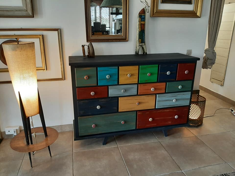 Furniture commode 15 drawers table patchwork patina ebeniste all solid wood multicolored