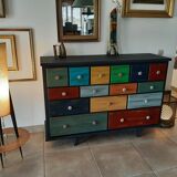 Furniture commode 15 drawers table patchwork patina ebeniste all solid wood multicolored