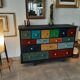 Meuble commode 15 tiroirs tableau patchwork patine ebeniste tout bois massif multicolores