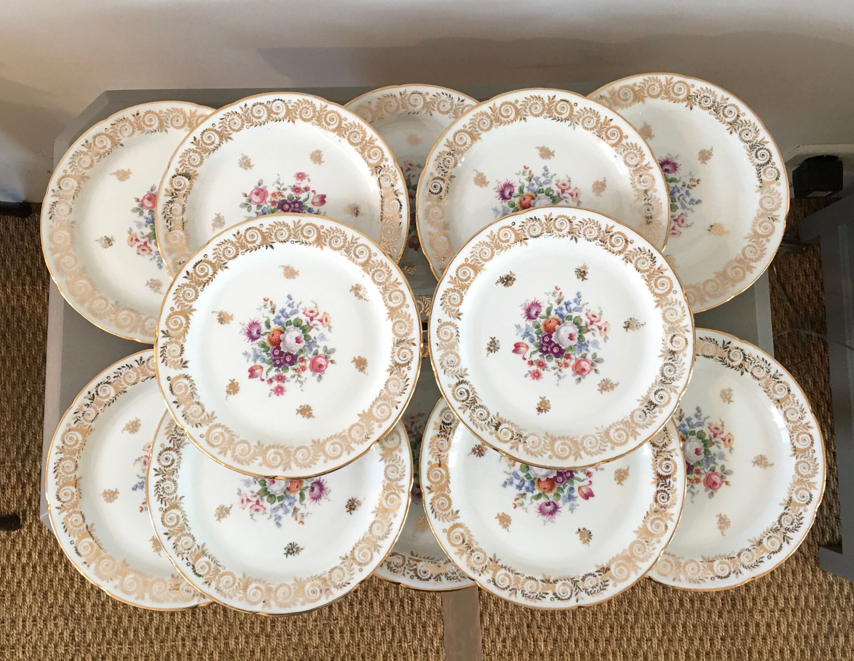 Set 12 plates dessert porcelain flowers and gilding