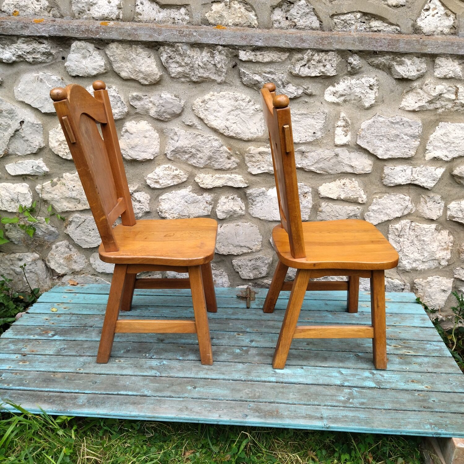 Pair of neo-rustic 60s solid wood chairs