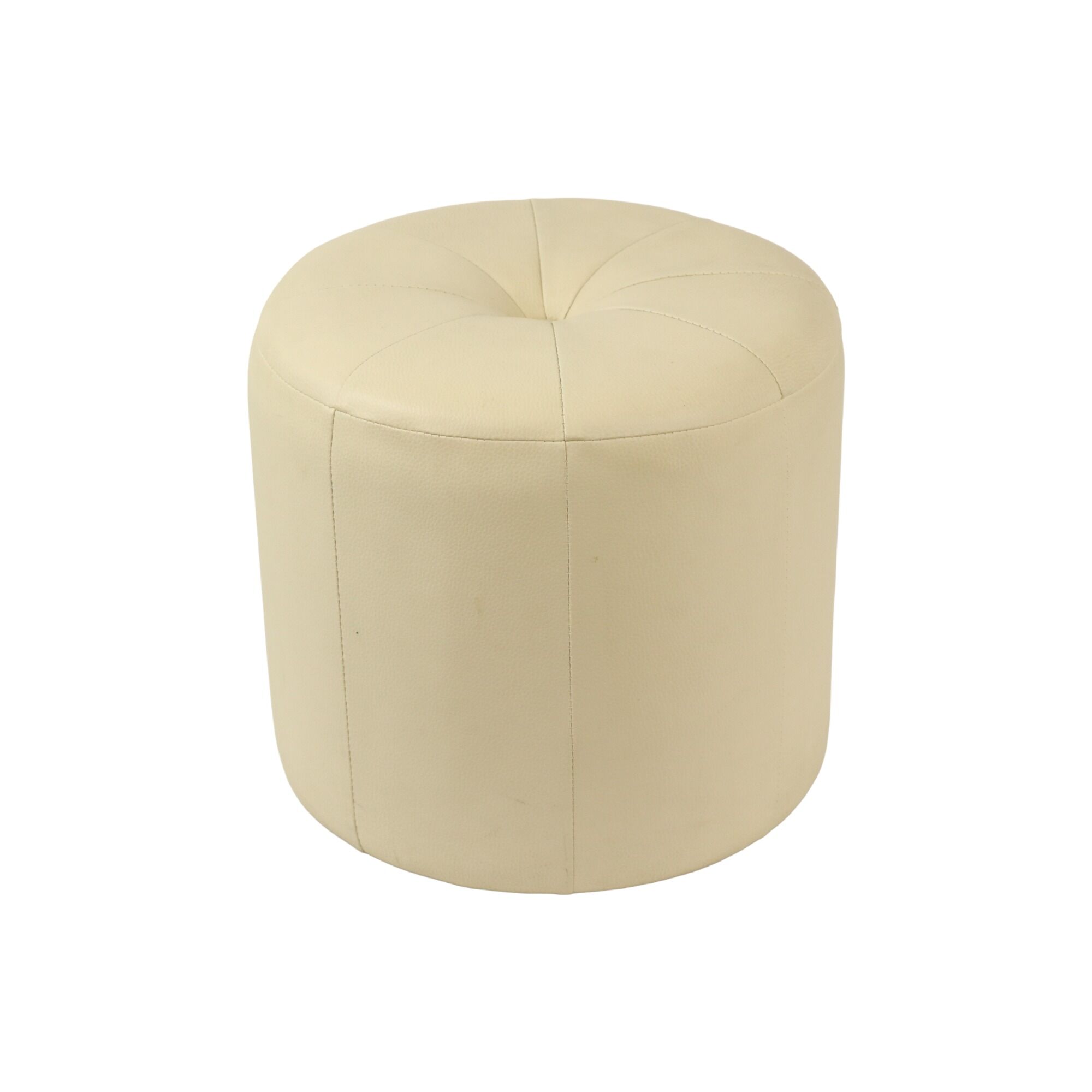 Vintage round wooden pouf skai cream color off white 38cm