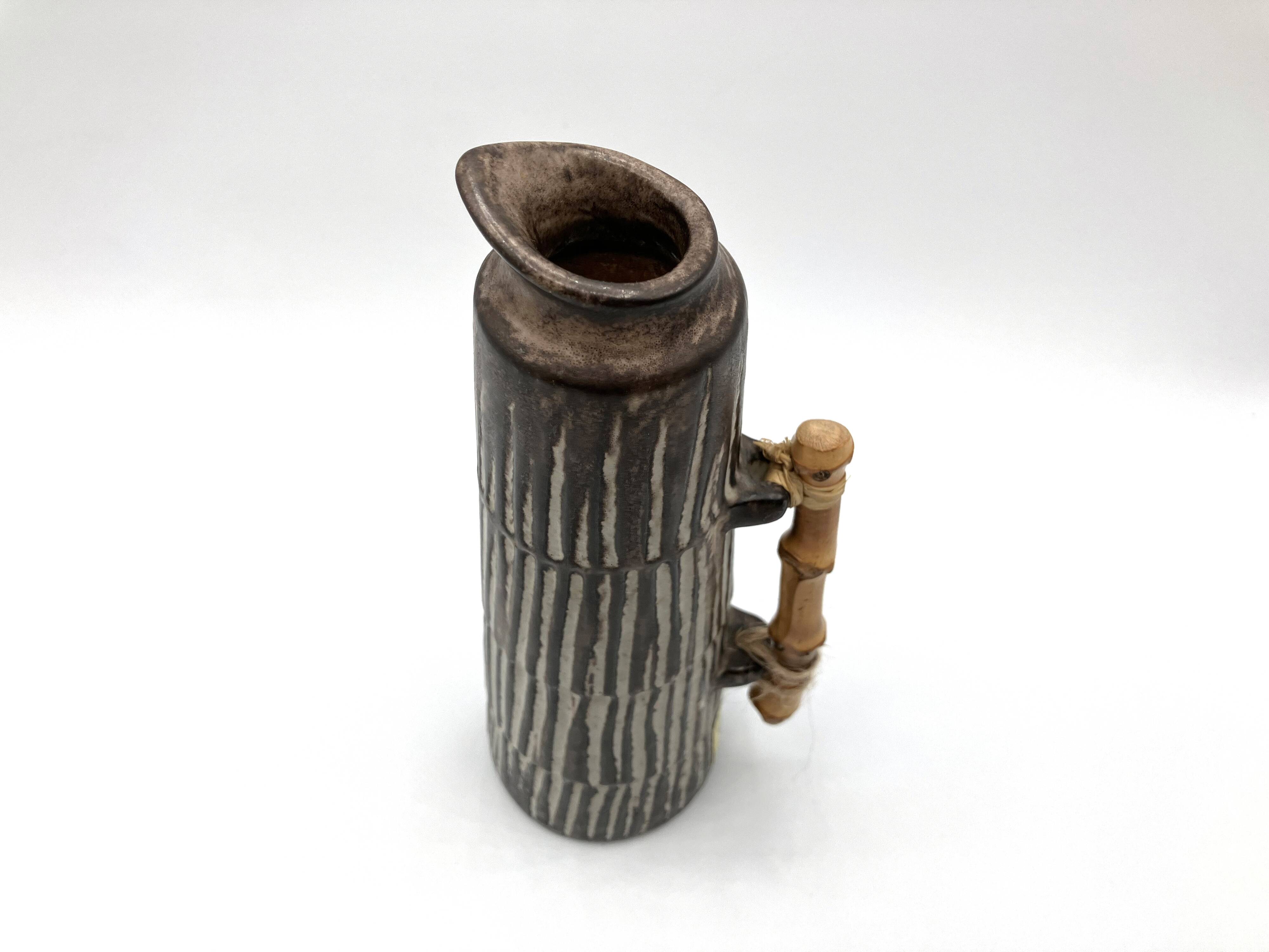 Vase pichet vintage en céramique et bambou • BR Keramik Danemark • 1960s