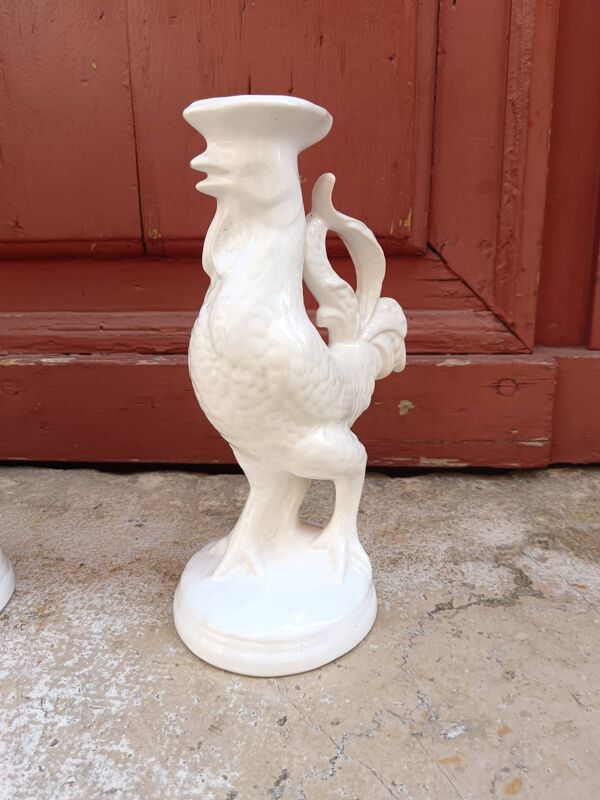 Paire de bougeoirs en forme de coq - Faïencerie de Saint Clément