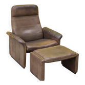 Fauteuil vintage en cuir marron DS 50 de De Sede, années 1960-1970 + tabouret