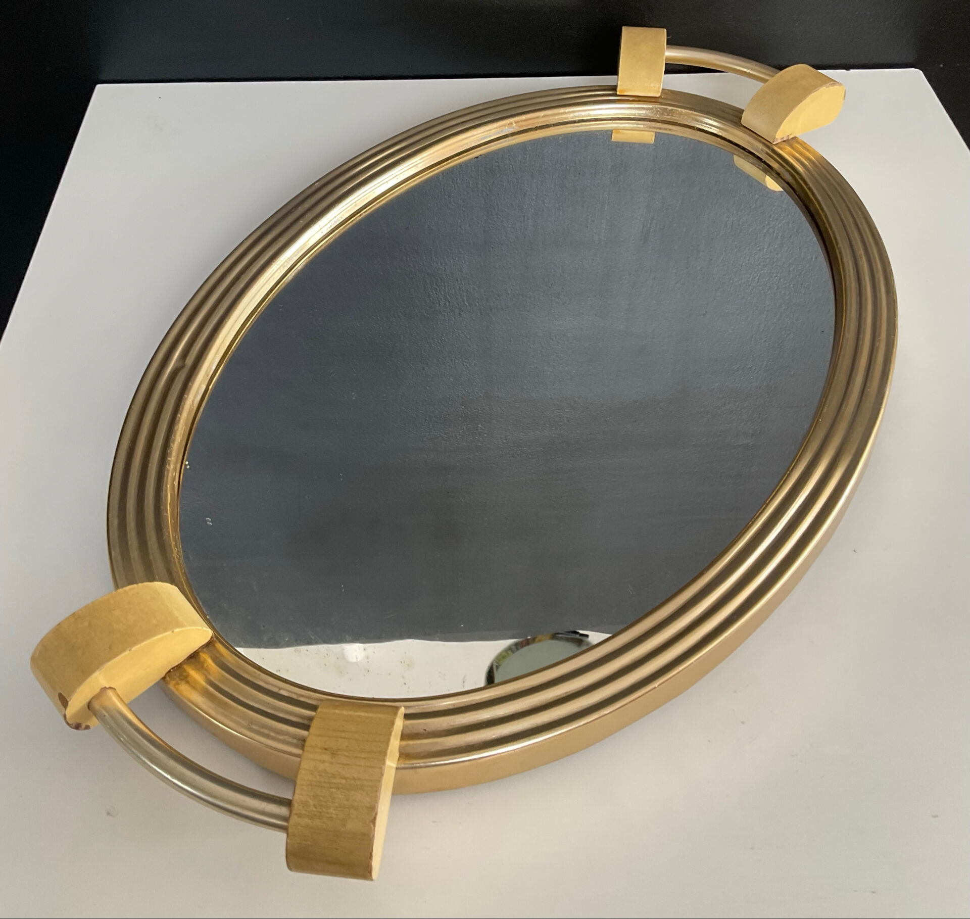 Plateau Art déco en aluminium doré bois et miroir