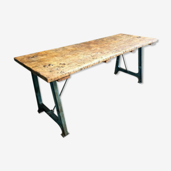 Industrial beech table on cast iron machine legs